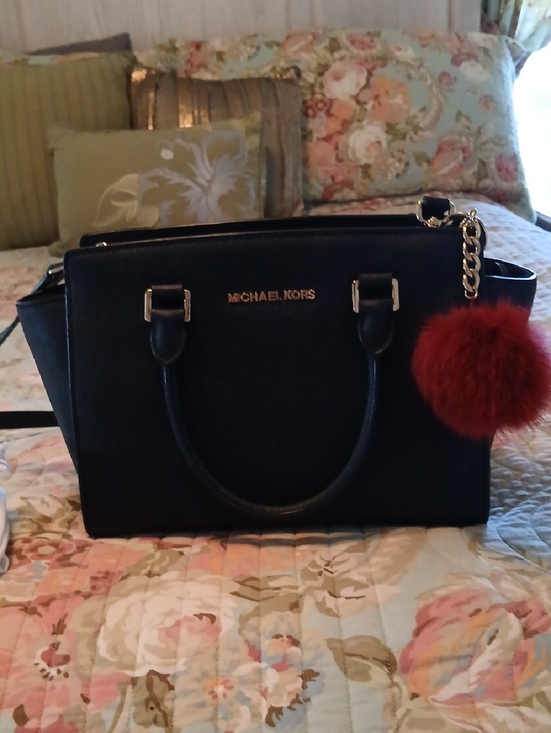 Michael Kors Handbags - Michael Kors Black Saffiano Leather Satchel with Red Pom Pom Charm